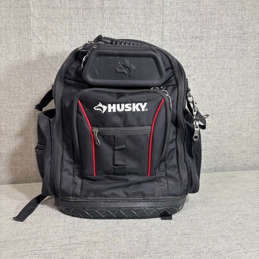Husky 18 inch Heavy Duty Tool Backpack Black Red Waterproof Base Multi-Pocket